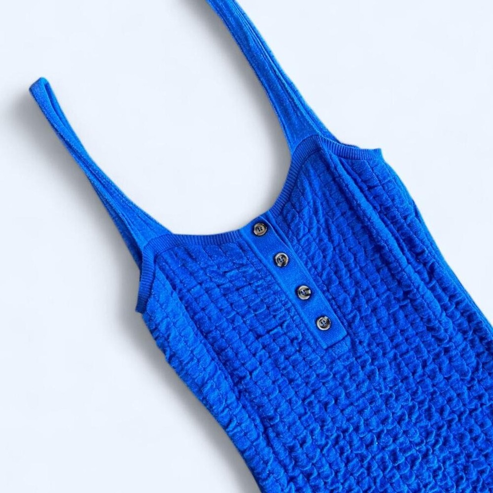 Adorable Downtown Girl Style Free People Beach Blue ribbed button knit dress wit